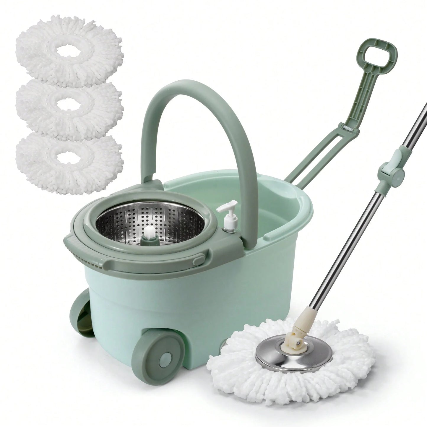 Spin Mop & Bucket Set for Floor Cleaning – 360° Rotation, Built-In Soap Dispenser, Stainless Steel Handle, 2 Reusable Heads