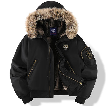 Men’s Oversized Black Aviator Winter Jacket – Detachable Faux Fur Hood, Embroidered Badge, Windproof Coat with Zipper Pockets