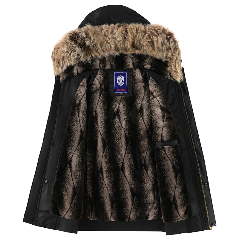 Men’s Oversized Black Aviator Winter Jacket – Detachable Faux Fur Hood, Embroidered Badge, Windproof Coat with Zipper Pockets