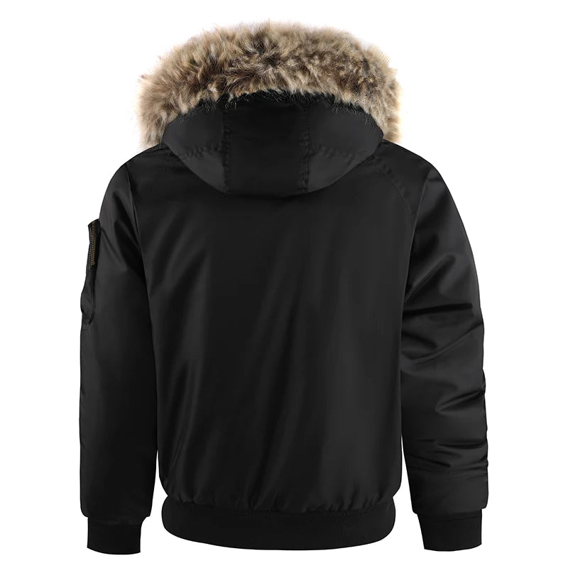 Men’s Oversized Black Aviator Winter Jacket – Detachable Faux Fur Hood, Embroidered Badge, Windproof Coat with Zipper Pockets