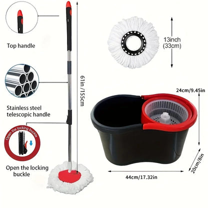 Spin Mop & Bucket Set for Floor Cleaning – 360° Rotation, Built-In Soap Dispenser, Stainless Steel Handle, 2 Reusable Heads