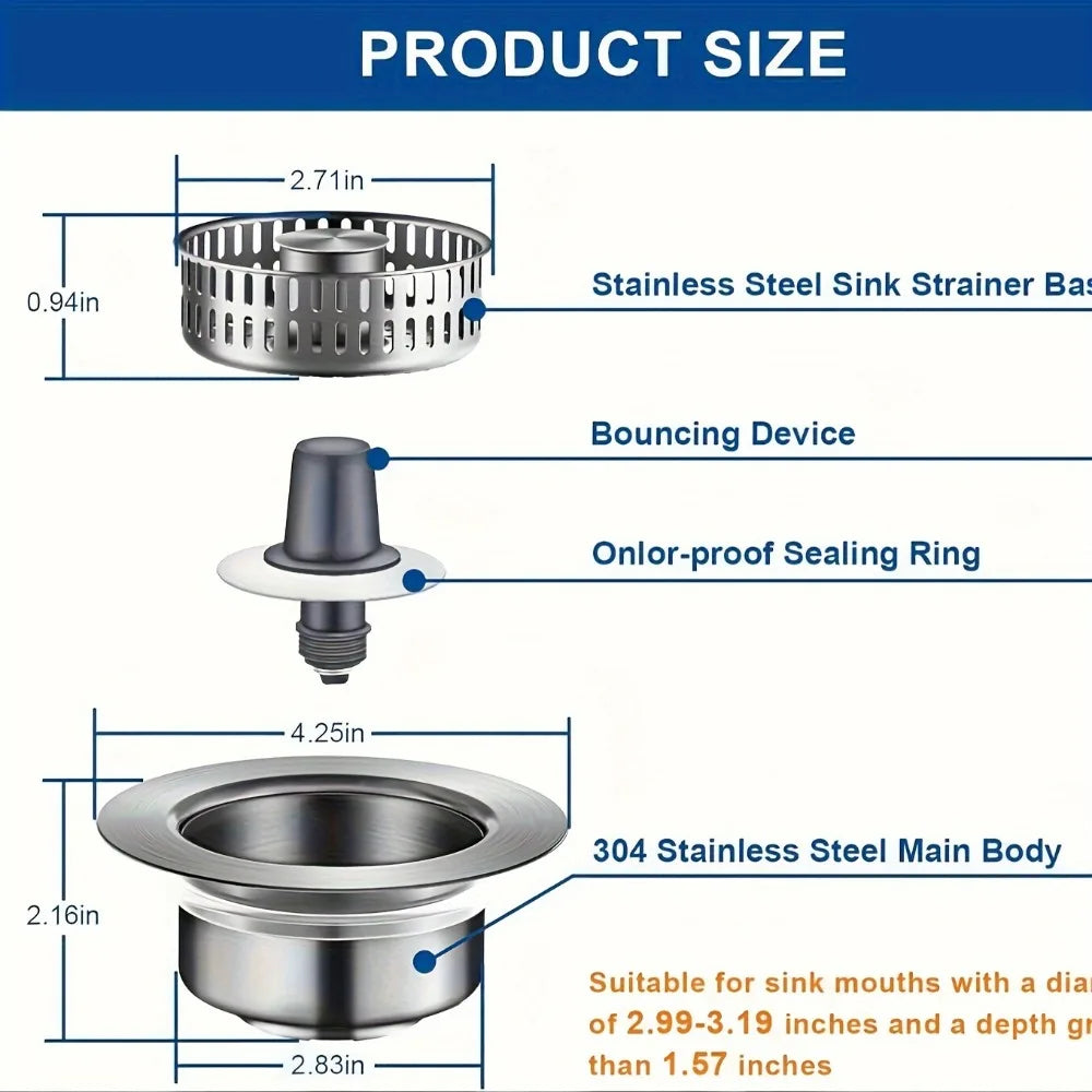 3-in-1 Stainless Steel Sink Stopper & Strainer