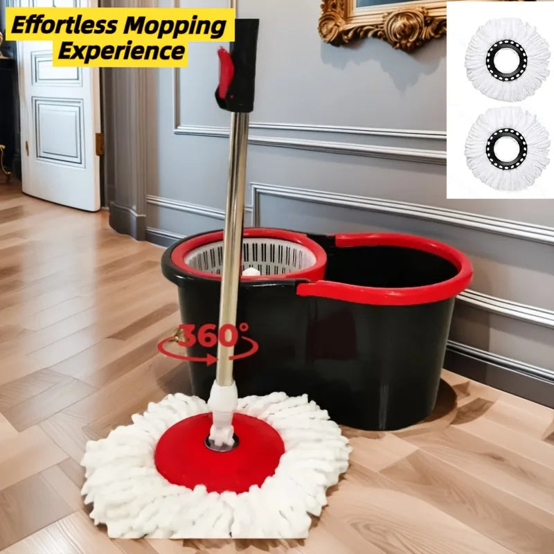 Spin Mop & Bucket Set for Floor Cleaning – 360° Rotation, Built-In Soap Dispenser, Stainless Steel Handle, 2 Reusable Heads