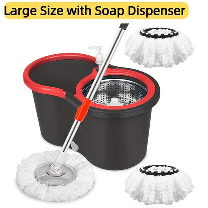 Spin Mop & Bucket Set for Floor Cleaning – 360° Rotation, Built-In Soap Dispenser, Stainless Steel Handle, 2 Reusable Heads