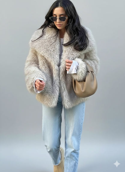 Women’s Cropped Faux Fur Jacket – Plush Lapel Collar Snap-Button Coat, Long Sleeve Winter Outerwear